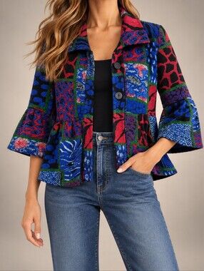 Damee Inc Patchwork Bell Sleeve Jacket Peplum Woven Boho Small